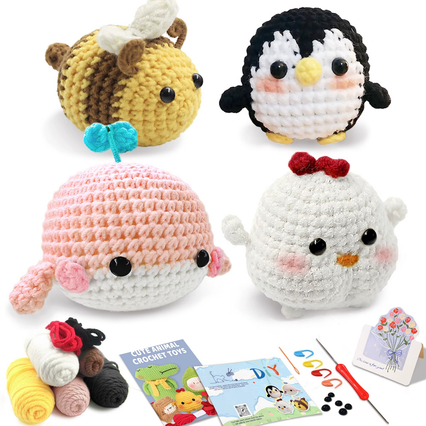 AMIGURUMI Häkel-Set für Anfänger – Tiere häkeln (inkl. Garn & Zubehör) + Video-Anleitung